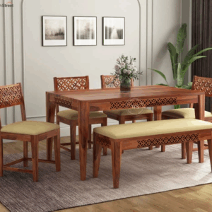 Cambrey 6 Seater Cushioned Dining Set With Bench (Honey Finish)