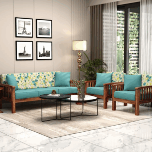 Olympia 3+1+1 Sheesham Wood Sofa Set (Honey Teal Aqua Marine)