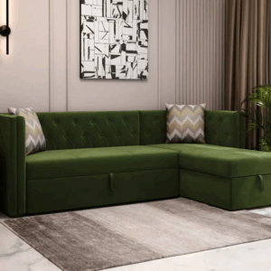 Berlin Right Aligned Convertible Sofa Cum Bed with Storage (Velvet, Dark Olive Green)