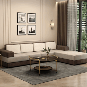 Mishael L-Shaped Right Aligned 6 Seater Fabric Sofa (Beige Brown)