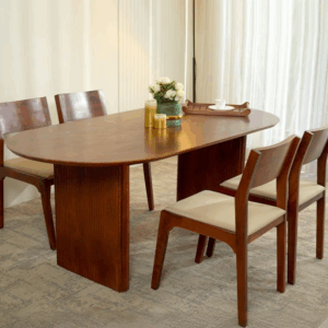Saffron 4 Seater Premium Mango Wood Oval Design Modern Dining Table Set with Cushioned Chairs (Teak Finish)