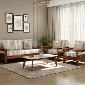 Quartz Printed Fabric Wooden Sofa Set (Honey Cream Stripe)